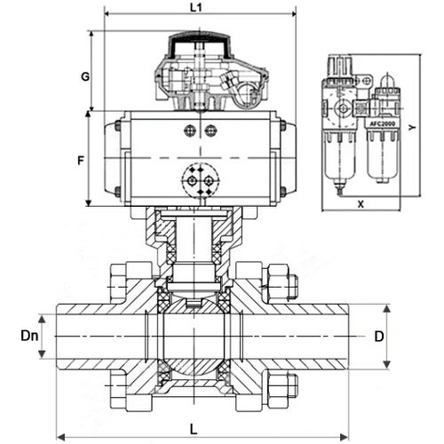Краны шаровые DN.ru BV3232P(3pc)-FP-W-ISO-H WDVF Ду15-32 Ру63 полнопроходные, корпус - нержавеющая сталь 316, уплотнение - PTFE, под приварку, с пневмоприводом PA-SA, пневмораспределителем 4М310-08 220В, БКВ APL-410N EX, БПВ AFC2000