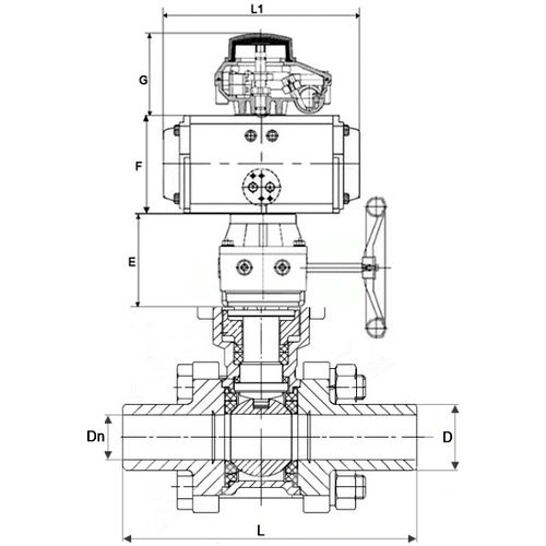 Краны шаровые DN.ru BV3232P(3pc)-FP-W-ISO-H WDVF Ду15-32 Ру63 полнопроходные, нержавеющая сталь 316, уплотнение - PTFE, под приварку, с пневмоприводом PA-DA, пн.распределителем 4М310-08 220В, БКВ APL-210N, ручным дублером MON