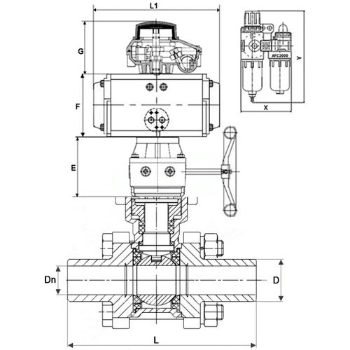 Краны шаровые DN.ru BV3232P(3pc)-FP-W-ISO-H WDVF Ду15-32 Ру63 полнопроходные, нерж. сталь 316, PTFE, под приварку, с пн.приводом PA-DA, пн.распределителем 4М310-08 220В, БКВ APL-410N EX, руч. дублером MON, БПВ AFC2000