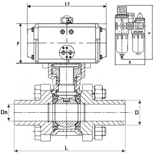 Краны шаровые DN.ru BV3232P(3pc)-FP-W-ISO-H WDVF Ду15-32 Ру63 полнопроходные, корпус - нержавеющая сталь 316, уплотнение - PTFE, под приварку, с пневмоприводом PA-DA, пневмораспределителем 4V320-10 220В, БПВ AFC2000