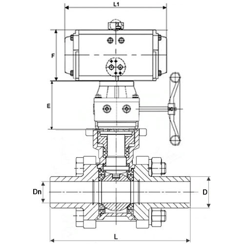 Краны шаровые DN.ru BV3232P(3pc)-FP-W-ISO-H WDVF Ду15-32 Ру63 полнопроходные, корпус - нержавеющая сталь 316, уплотнение - PTFE, под приварку, с пневмоприводом PA-DA, пневмораспределителем 4V320-10 220В, ручным дублером MON