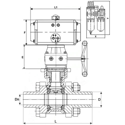 Краны шаровые DN.ru BV3232P(3pc)-FP-W-ISO-H WDVF Ду15-32 Ру63 полнопроходные, нержавеющая сталь 316, уплотнение - PTFE, под приварку, с пневмоприводом PA-DA, пн.распределителем 4V320-10 220В, ручным дублером MON, БПВ AFC2000