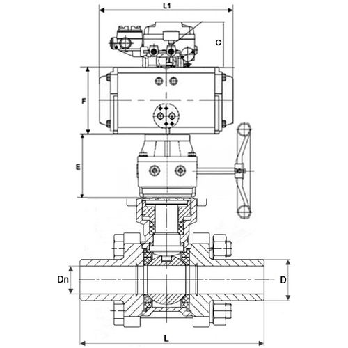 Краны шаровые DN.ru BV3232P(3pc)-FP-W-ISO-H WDVF Ду15-32 Ру63 полнопроходные, нерж. сталь 316, уплотнение - PTFE, под приварку, с пн.приводом PA-DA, руч. дублером MON, эл. поворотным позиционером YT-1000RSN с обратной связью