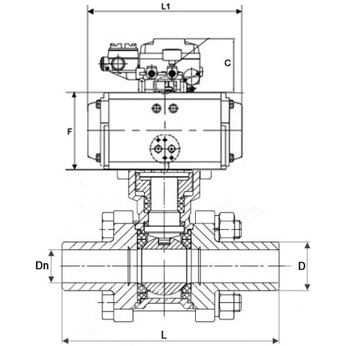 Краны шаровые DN.ru BV3232P(3pc)-FP-W-ISO-H WDVF Ду15-32 Ру63 полнопроходные, корпус - нержавеющая сталь 316, уплотнение - PTFE, под приварку, с пневмоприводом PA-SA, электропн. поворотным позиционером YT-1000RSN без обратной связи