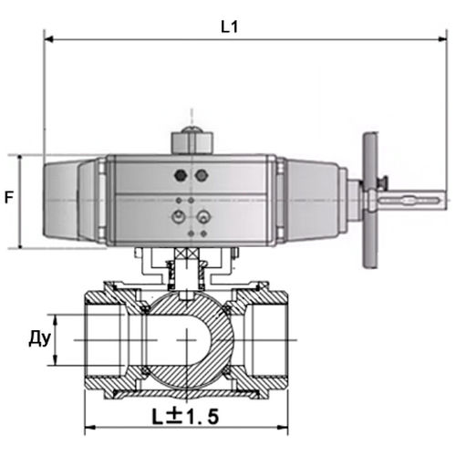 Краны шаровые DN.ru BV3232P(4pc)-SP-3WL-T-ISO-H Ду80-100 Ру40, стандартнопроходные, четырехсоставные, корпус - нержавеющая сталь 316, уплотнение - PTFE, внутренняя резьба, с пневмоприводом PA-DA-105-1 двойного действия, пневмораспределителем 4V320-10 220В