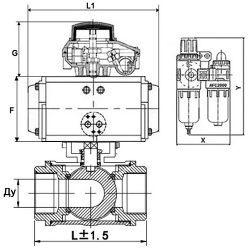 Кран шаровой DN.ru BV3232P(4pc)-SP-3WL-T-ISO-H Ду100 Ру40, стандартнопроходной, корпус - нержавеющая сталь 316, уплотнение - PTFE, внутренняя резьба, с пневмоприводом PA-SA-105, пневмораспределителем 4V320-10 220В, БКВ APL-210N, БПВ AFC2000