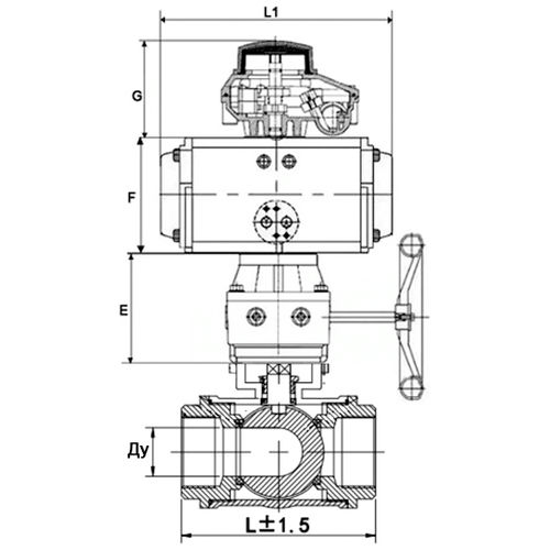 Кран шаровой DN.ru BV3232P(4pc)-SP-3WL-T-ISO-H Ду20 Ру63, стандартнопроходной, нержавеющая сталь 316, уплотнение - PTFE, внутренняя резьба, с пневмоприводом PA-DA-052, пневмораспределителем 4V320-10 220В, БКВ APL-210N, ручным дублером MON1-250-T26-ISO