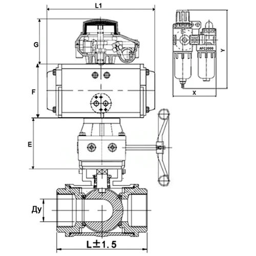 Кран шаровой DN.ru BV3232P(4pc)-SP-3WL-T-ISO-H Ду100 Ру40, стандартнопроходной, нержавеющая сталь 316, PTFE, внутренняя резьба, с пневмоприводом PA-DA-083, пн.распределителем 4V320-10 220В, БКВ APL-210N, ручным дублером MON2-450-T28-ISO, БПВ AFC2000