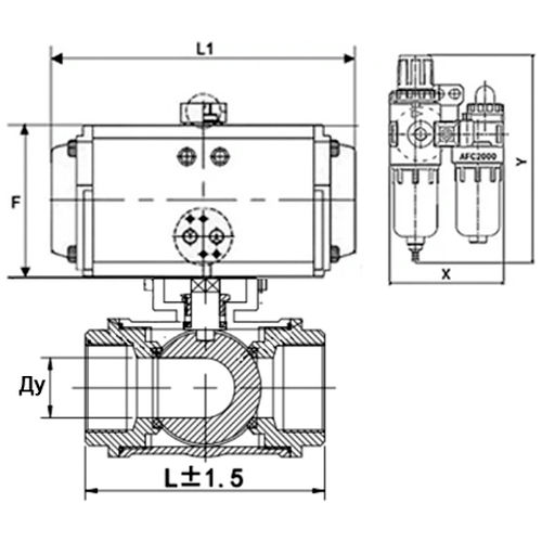 Кран шаровой DN.ru BV3232P(4pc)-SP-3WL-T-ISO-H Ду32 Ру63, стандартнопроходной, четырехсоставной, корпус - нержавеющая сталь 316, уплотнение - PTFE, внутренняя резьба, с пневмоприводом PA-DA-052, пневмораспределителем 4V320-08 220В, БПВ AFC2000