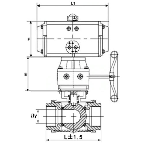 Кран шаровой DN.ru BV3232P(4pc)-SP-3WL-T-ISO-H Ду32 Ру63, стандартнопроходной, четырехсоставной, нержавеющая сталь 316, уплотнение - PTFE, внутренняя резьба, с пневмоприводом PA-DA-052, пневмораспределителем 4V320-10 220В, ручным дублером MON1-250-T26-ISO