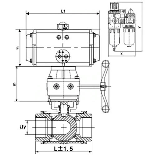 Кран шаровой DN.ru BV3232P(4pc)-SP-3WL-T-ISO-H Ду32 Ру63, стандартнопроходной, нержавеющая сталь 316, уплотнение - PTFE, внутренняя резьба, с пневмоприводом PA-DA-052, пневмораспределителем 4V320-08 220В, ручным дублером MON1-250-T26-ISO, БПВ AFC2000