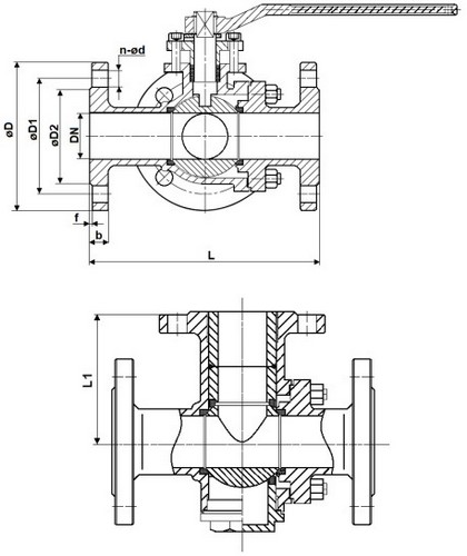 Краны шаровые DN.ru BV3232P(2pc)-FP-3WL-F-ISO-H Ду20-80 Ру16 HYMT, трехходовые L-тип, полнопроходные, фланцевые, материал корпуса - нержавеющая сталь SS316, с ISO фланцем и рукояткой