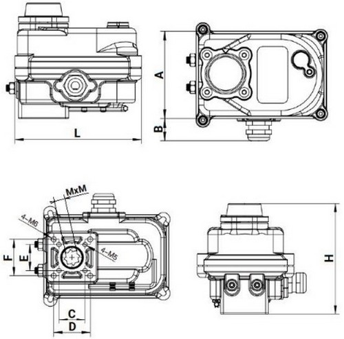 Краны шаровые DN.ru BV3232P(2pc)-FP-3WL-F-ISO-H Ду20-80 Ру16 HYMT, трехходовые L-тип, полнопроходные, фланцевые, корпус - нержавеющая сталь SS316, с электроприводом QT-N-EM-O1-24VDC-У1
