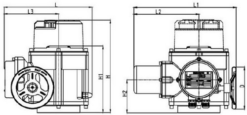Краны шаровые DN.ru BV3232P(2pc)-FP-3WL-F-ISO-H Ду20-80 Ру16 HYMT, трехходовые L-тип, полнопроходные, фланцевые, корпус - нержавеющая сталь SS316, с электроприводом QT-EX-M-O2-220VAC-У1 с моментной муфтой и штурвалом