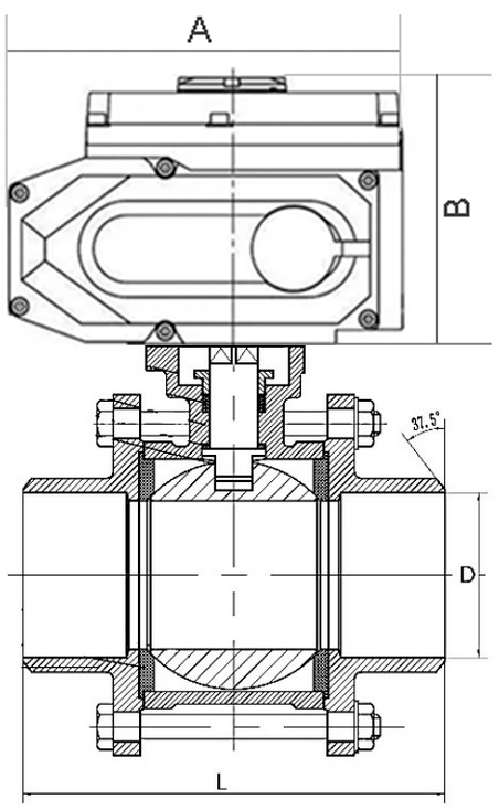 Кран шаровой DN.ru BV3232P(3pc)-FP-W-ISO-H Ду65 Ру25 полнопроходной, двухходовой, нержавеющая сталь SS316, под приварку, уплотнение - PTFE, с электроприводом DN.ru QT-N-015EM-O1-380VAC-У1