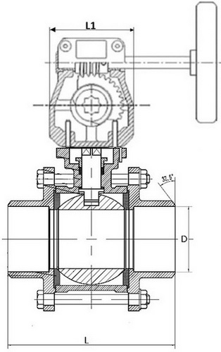 Кран шаровой DN.ru BV3232P(3pc)-FP-W-ISO-H Ду32 Ру63 полнопроходной двухходовой, нержавеющая сталь SS316, под приварку, уплотнение - PTFE, с ISO фланцем и редуктором DN.ru HGB RQN1-180Z с индикатором положения