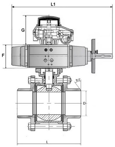 Кран шаровой DN.ru BV3232P(3pc)-FP-W-ISO-H Ду80 Ру25, полнопроходной, трехсоставной, нержавеющая сталь 316, уплотнение - PTFE, под приварку, с пневмоприводом PA-DA-105-1, пневмораспределителем 4V320-08 220В, БКВ APL-410N Ex