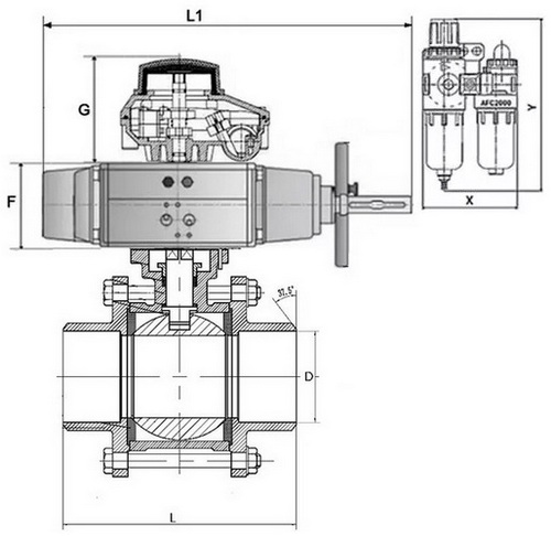Кран шаровой DN.ru BV3232P(3pc)-FP-W-ISO-H Ду80 Ру25, полнопроходной, трехсоставной, нержавеющая сталь 316, уплотнение - PTFE, под приварку, с пневмоприводом PA-DA-105-1, пневмораспределителем 4V320-08 220В, БКВ APL-510N Ex, БПВ AFC2000