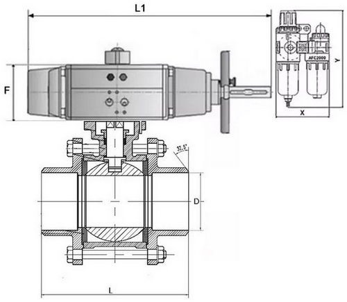Кран шаровой DN.ru BV3232P(3pc)-FP-W-ISO-H Ду80 Ру25, полнопроходной, трехсоставной, нержавеющая сталь 316, уплотнение - PTFE, под приварку, с пневмоприводом PA-DA-105-1, пневмораспределителем 4V320-10 220В, БПВ AFC2000