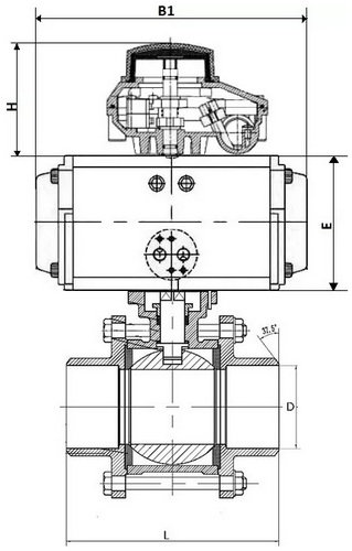 Кран шаровой DN.ru BV3232P(3pc)-FP-W-ISO-H Ду15 Ру63, полнопроходной под приварку, нержавеющая сталь SS316, уплотнение - PTFE, с пневмоприводом PA-DA-052 двойного действия, с пневмораспределителем 4V320-08 220В, с БКВ APL-210N