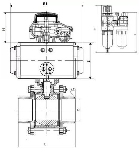 Краны шаровые DN.ru BV3232P(3pc)-FP-W-ISO-H Ду10-100 Ру63/25, полнопроходные под приварку, нержавеющая сталь SS316, уплотнение - PTFE, с пневмоприводом PA-DA двойного действия, с пневмораспределителем 4V320-10 220В, с БКВ APL-210N, с БПВ AFC2000