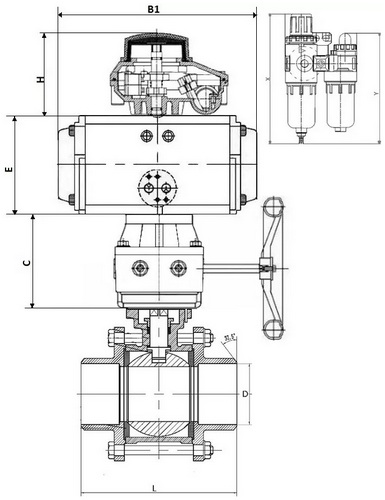 Краны шаровые DN.ru BV3232P(3pc)-FP-W-ISO-H Ду10-50 Ру63/40, полнопроходные под приварку, нержавеющая сталь SS316, PTFE, с пневмоприводом PA-DA двойного действия, с пневмораспределителем 4V320-08 220В, с БКВ APL-210N, ручным дублером MON1-250-T26-ISO, с Б
