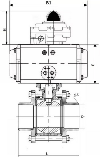 Кран шаровой DN.ru BV3232P(3pc)-FP-W-ISO-H Ду50 Ру40, полнопроходной под приварку, нержавеющая сталь SS316, уплотнение - PTFE, с пневмоприводом PA-SA-105 с возвратными пружинами, с пневмораспределителем 4V320-08 220В, с БКВ APL-410N EX