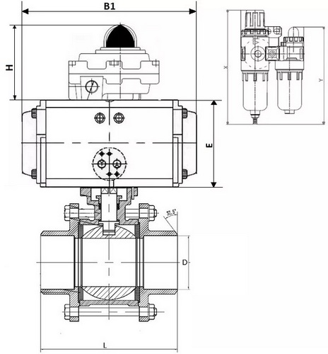 Краны шаровые DN.ru BV3232P(3pc)-FP-W-ISO-H Ду10-100 Ру63/25, полнопроходные под приварку, нержавеющая сталь SS316, уплотнение - PTFE, с пневмоприводом PA-DA двойного действия, с пневмораспределителем 4V320-10 220В, с БКВ APL-410N EX, с БПВ AFC2000