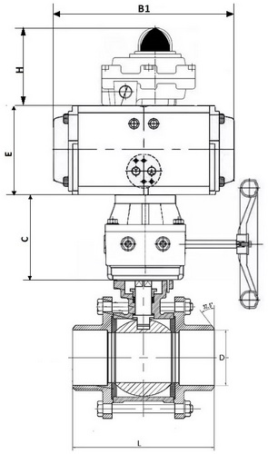 Краны шаровые DN.ru BV3232P(3pc)-FP-W-ISO-H Ду10-50 Ру63/40, полнопроходные под приварку, нержавеющая сталь SS316, PTFE, с пневмоприводом PA-DA двойного действия, с пневмораспределителем 4V320-08 220В, с БКВ APL-410N EX, с ручным дублером MON1-250-T26-ISO