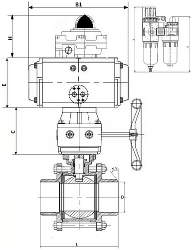 Краны шаровые DN.ru BV3232P(3pc)-FP-W-ISO-H Ду10-50 Ру63/40, полнопроходные под приварку, нержавеющая сталь SS316, PTFE, с пневмоприводом PA-DA, с пневмораспределителем 4V320-08 220В, с БКВ APL-410N EX, ручным дублером MON1-250-T26-ISO, с БПВ AFC2000