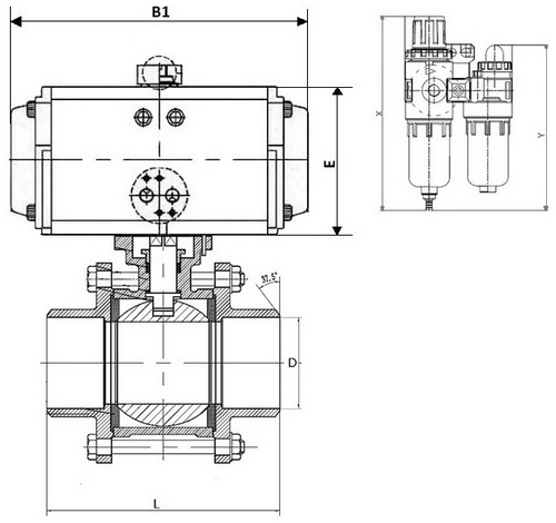Кран шаровой DN.ru BV3232P(3pc)-FP-W-ISO-H Ду20 Ру63, полнопроходной под приварку, нержавеющая сталь SS316, уплотнение - PTFE, с пневмоприводом PA-DA-052 двойного действия, с пневмораспределителем 4V320-08 220В, с БПВ AFC2000