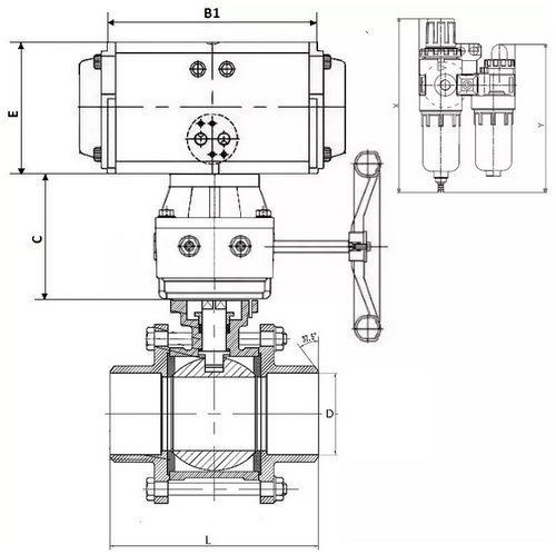 Краны шаровые DN.ru BV3232P(3pc)-FP-W-ISO-H Ду10-50 Ру63/40, полнопроходные под приварку, нержавеющая сталь SS316, уплотнение - PTFE, с пневмоприводом PA-DA двойного действия, с пневмораспределителем 4V320-08 220В, с ручным дублером MON1-250-T26-ISO, с БП