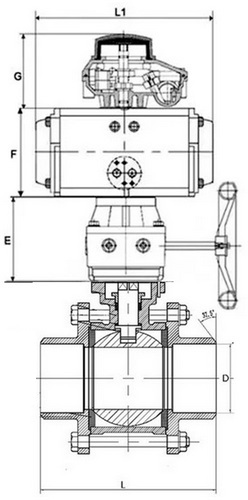 Кран шаровой DN.ru BV3232P(3pc)-FP-W-ISO-H Ду40 Ру40, полнопроходной, трехсоставной, нержавеющая сталь 316, уплотнение - PTFE, под приварку, с пневмоприводом PA-DA-083, пневмораспределителем 4V320-10 220В, БКВ APL-410N Ex, ручным дублером MON2-450-T28-ISO