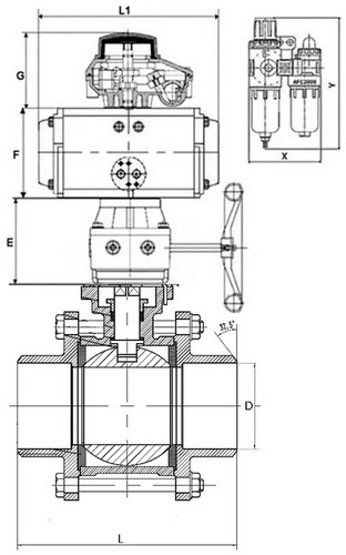 Кран шаровой DN.ru BV3232P(3pc)-FP-W-ISO-H Ду65 Ру25, полнопроходной, нержавеющая сталь 316, уплотнение - PTFE, под приварку, с пневмоприводом PA-DA-083, пневмораспределителем 4V320-10 220В, БКВ APL-410N Ex, ручным дублером MON2-450-T28-ISO, БПВ AFC2000