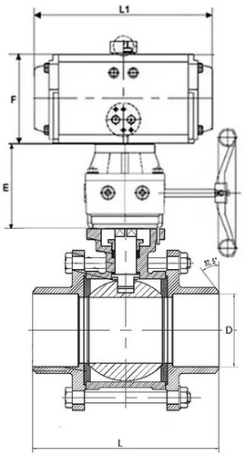 Кран шаровой DN.ru BV3232P(3pc)-FP-W-ISO-H Ду50 Ру40, полнопроходной, трехсоставной, нержавеющая сталь 316, уплотнение - PTFE, под приварку, с пневмоприводом PA-DA-083, пневмораспределителем 4V320-10 220В, ручным дублером MON2-450-T28-ISO