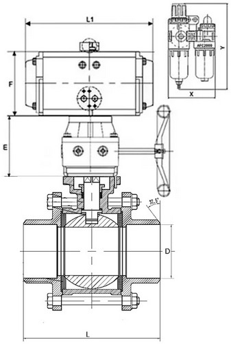 Кран шаровой DN.ru BV3232P(3pc)-FP-W-ISO-H Ду32 Ру63, полнопроходной, трехсоставной, нержавеющая сталь 316, уплотнение - PTFE, под приварку, с пневмоприводом PA-DA-065, пневмораспределителем 4V320-10 220В, ручным дублером MON1-250-T26-ISO, БПВ AFC2000