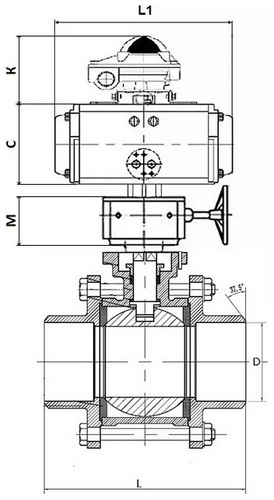 Кран шаровой DN.ru BV3232P(3pc)-FP-W-ISO-H Ду20 Ру63 SS316 полнопроходной под приварку, корпус - нержавеющая сталь с пневмоприводом DN.ru PA-DA-052, блоком концевых выключателей APL-410N EX и ручным дублером MON1-250-T26-ISO