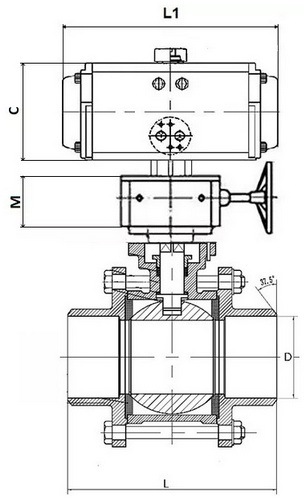 Кран шаровой DN.ru BV3232P(3pc)-FP-W-ISO-H Ду25 Ру63 полнопроходной двухходовой, нержавеющая сталь SS316, под приварку, уплотнение - PTFE, с пневмоприводом DN.ru PA-DA-052 и ручным дублером MON1-250-T26-ISO