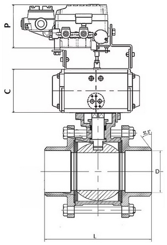 Кран шаровой DN.ru BV3232P(3pc)-FP-W-ISO-H Ду20 Ру63, полнопроходной под приварку, нержавеющая сталь SS316, уплотнение - PTFE, с пневмоприводом PA-DA-052 двойного действия и с электропневматическим поворотным позиционером YT-1000RSN с обратной связью