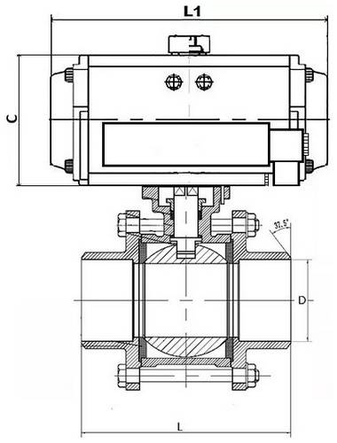 Кран шаровой DN.ru BV3232P(3pc)-FP-W-ISO-H Ду20 Ру63, полнопроходной под приварку, нержавеющая сталь SS316, уплотнение - PTFE, с пневмоприводом PA-DA-052 двойного действия, с пневмораспределителем 4M310-08 24В