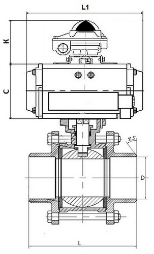 Кран шаровой DN.ru BV3232P(3pc)-FP-W-ISO-H Ду65 Ру25, полнопроходной под приварку, нержавеющая сталь SS316, уплотнение - PTFE, с пневмоприводом PA-DA-083 двойного действия, с пневмораспределителем 4M310-08 220В, с БКВ APL-410N EX
