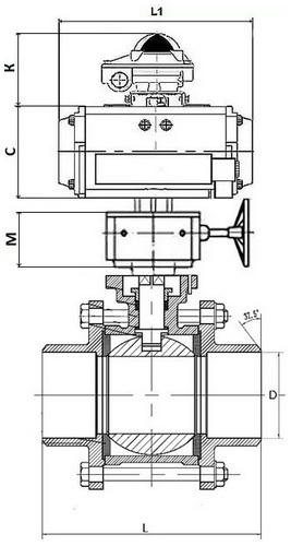 Кран шаровой DN.ru BV3232P(3pc)-FP-W-ISO-H Ду20 Ру63, полнопроходной под приварку, нержавеющая сталь SS316, PTFE, с пневмоприводом PA-DA-052 двойного действия, с пневмораспределителем 4M310-08 220В, с БКВ APL-410N EX, с ручным дублером MON1-250-T26-ISO