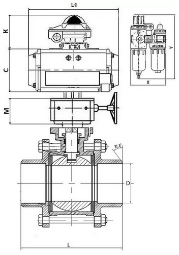 Кран шаровой DN.ru BV3232P(3pc)-FP-W-ISO-H Ду20 Ру63, полнопроходной под приварку, нержавеющая сталь SS316, PTFE, с пневмоприводом PA-DA-052, с пневмораспределителем 4M310-08 220В, с БКВ APL-210N, ручным дублером MON1-250-T26-ISO, с БПВ AFC2000