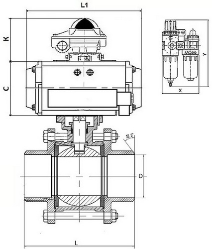 Кран шаровой DN.ru BV3232P(3pc)-FP-W-ISO-H Ду50 Ру40, полнопроходной под приварку, нержавеющая сталь SS316, уплотнение - PTFE, с пневмоприводом PA-SA-105 с возвратными пружинами, с пневмораспределителем 4M310-08 220В, с БКВ APL-410N EX, с БПВ AFC2000
