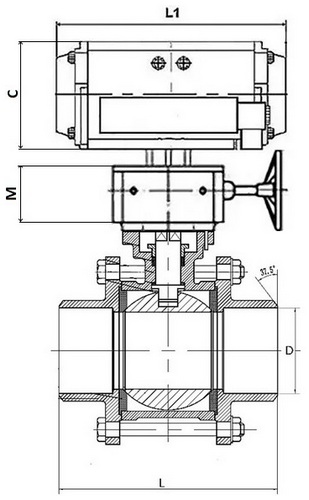 Кран шаровой DN.ru BV3232P(3pc)-FP-W-ISO-H Ду25 Ру63, полнопроходной под приварку, нержавеющая сталь SS316, уплотнение - PTFE, с пневмоприводом PA-DA-052 двойного действия, с пневмораспределителем 4M310-08 24В, с ручным дублером MON1-250-T26-ISO