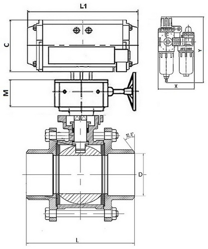 Кран шаровой DN.ru BV3232P(3pc)-FP-W-ISO-H Ду10 Ру63, полнопроходной под приварку, нержавеющая сталь SS316, уплотнение - PTFE, с пневмоприводом PA-DA-052, с пневмораспределителем 4M310-08 24В, с ручным дублером MON1-250-T26-ISO, с БПВ AFC2000