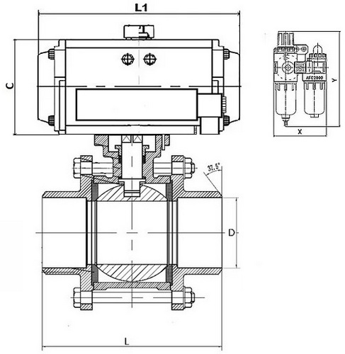 Кран шаровой DN.ru BV3232P(3pc)-FP-W-ISO-H Ду25 Ру63, полнопроходной под приварку, нержавеющая сталь SS316, уплотнение - PTFE, с пневмоприводом PA-DA-052 двойного действия, с пневмораспределителем 4M310-08 24В, с БПВ AFC2000