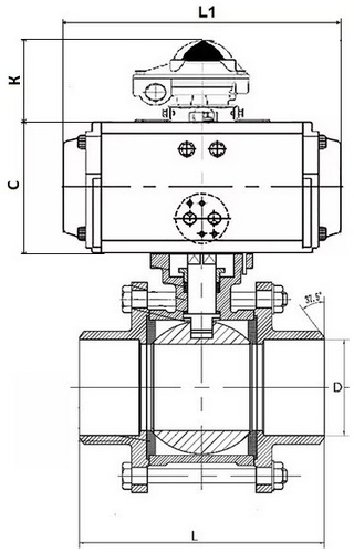 Кран шаровой DN.ru BV3232P(3pc)-FP-W-ISO-H Ду25 Ру63 полнопроходной двухходовой, нержавеющая сталь SS316, под приварку, уплотнение - PTFE, с пневмоприводом DN.ru PA-DA-52 и блоком концевых выключателей APL-210N