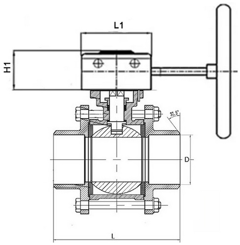 Кран шаровой DN.ru BV3232P(3pc)-FP-W-ISO-H Ду32 Ру63 полнопроходной двухходовой, нержавеющая сталь SS316, под приварку, уплотнение - PTFE, с ISO фланцем и редуктором DN.ru HAM RQN-Z