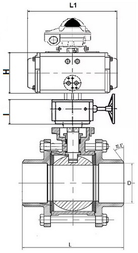 Краны шаровые DN.ru BV3232P(3pc)-FP-W-ISO-H Ду50-100 Ру63 под приварку, полнопроходные, корпус - нерж. сталь SS316, уплотнение - PTFE, с пневмоприводом DN.ru PA-DA 052-083 пневмораспределителем 4V320-08 редуктором MON БКВ APL-510N-EX